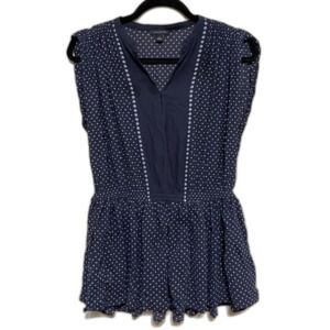 Ann Taylor Polka Dot Peplum Top Women Small Navy Blue  Semi Sheer Smocked Waist